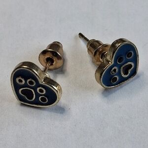 Blue Heart Paw Print Stud Earrings Pet Lover Gift! Silver Tone